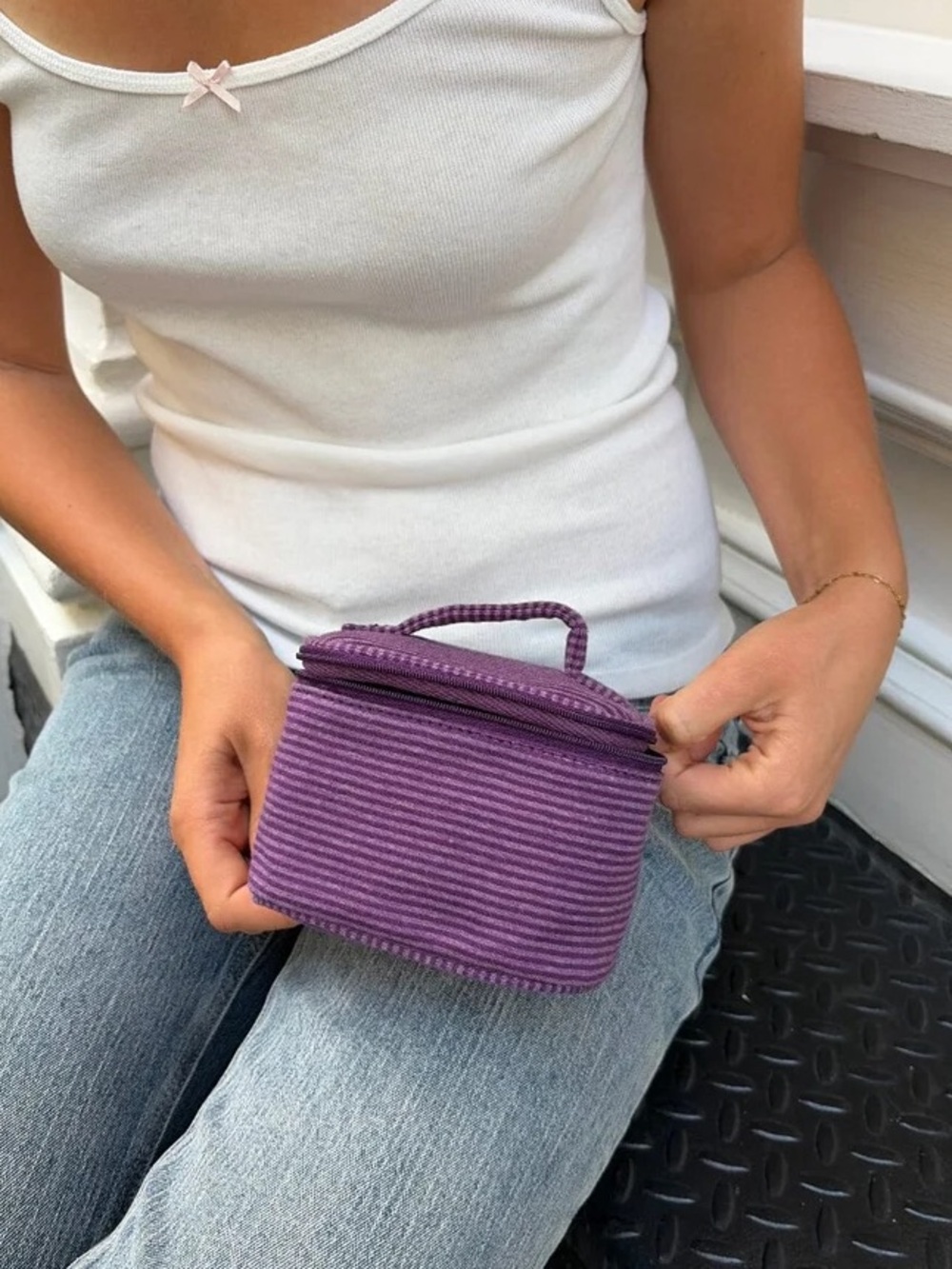 Brandy Melville purple striped mini makeup bag